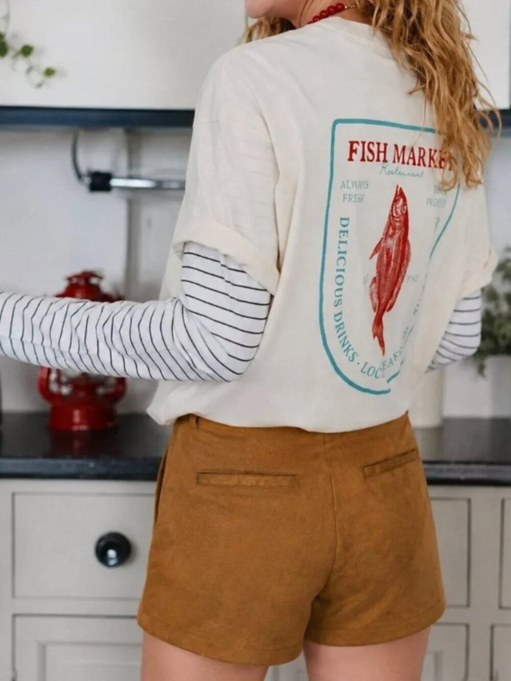 NWT 2 Piece SET: Fresh & Local Fish Market Tee + Toast Brown faux suede short